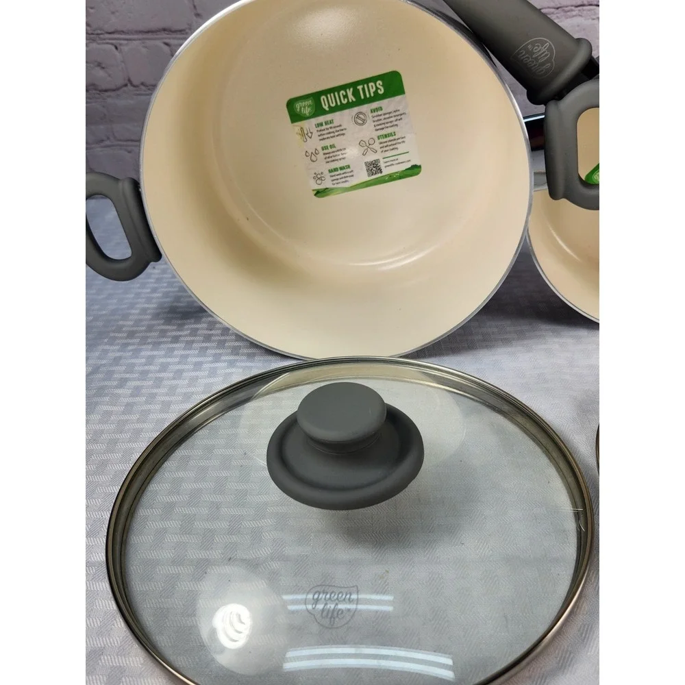 Set NEW Greenlife Healthy Nonstick Ceramic Cookware Dutch Oven & 2 Sauce Pans Li